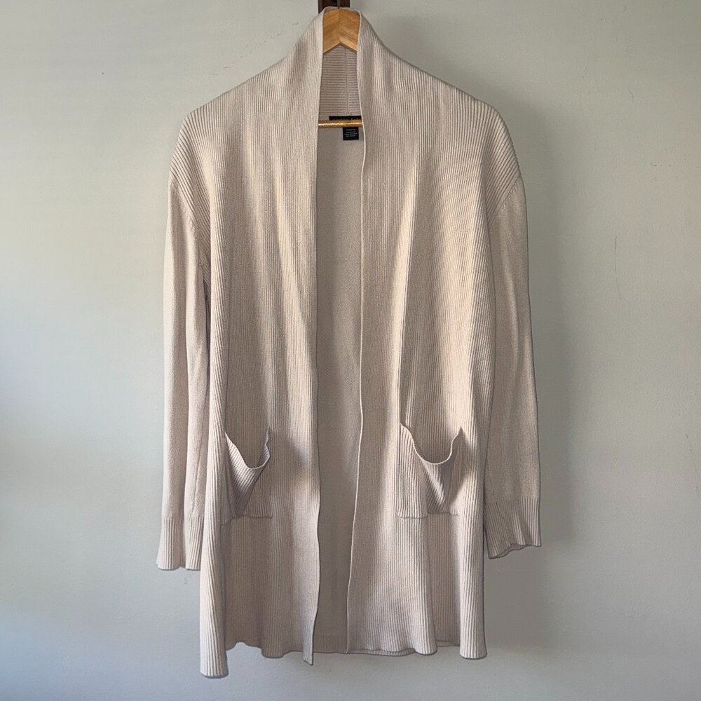 Hayden Park Cream Beige Long Sleeve Open Front Ribbed Long Cardigan Sweater Sz L